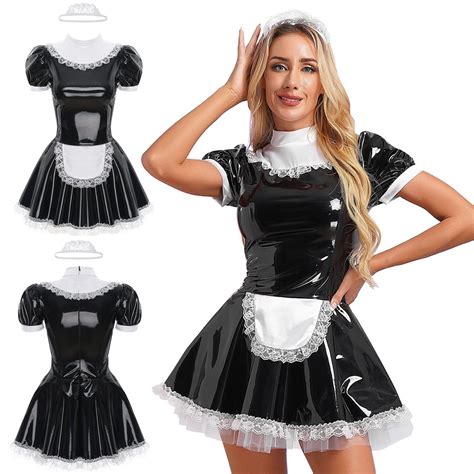 Womens Girls Maid Apron Dress Pu Leather Halloween Cosplay Costume Lingerie Sets Ebay