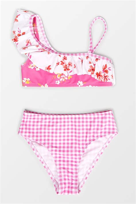 Girls Ditsy Mix Ruffle One Shoulder And Hipster Bikini Set Cupshe Au