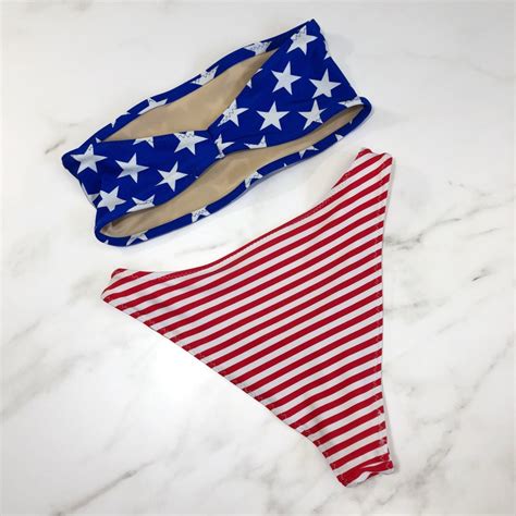 American Flag Bikini High Leg Bandeau Swimsuit USA Cheeky Bathing