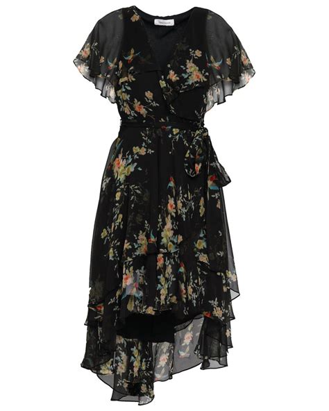 Zimmermann Ruffled Floral Print Silk Georgette Wrap Dress Black Lyst