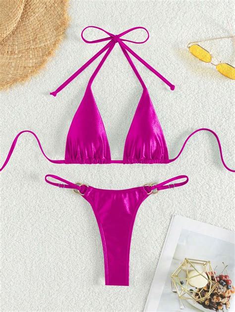SHEIN Swim Summer Beach Women S Solid Color Simple Triangle Bralette And Bikini Bottom Separates