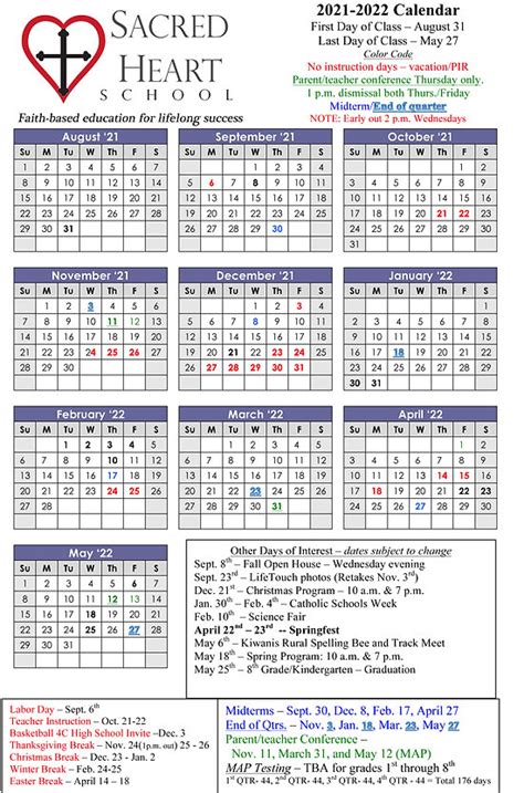 Sacred Heart Academic Calendar