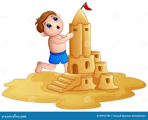 Little Boy Making A Big Sandcastle At Beach Stock Vector Illustration