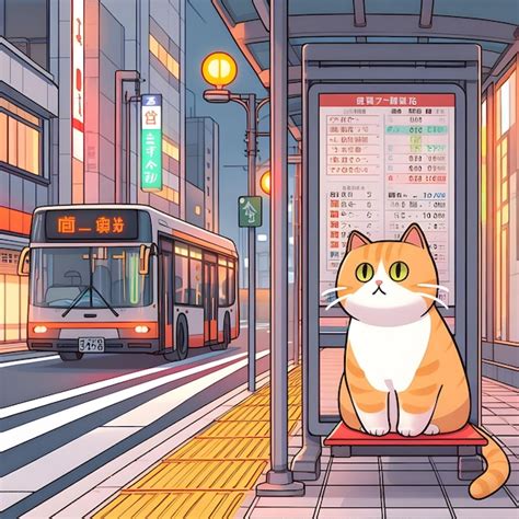 Premium Photo | Anime Cute Cat at the Bus Station