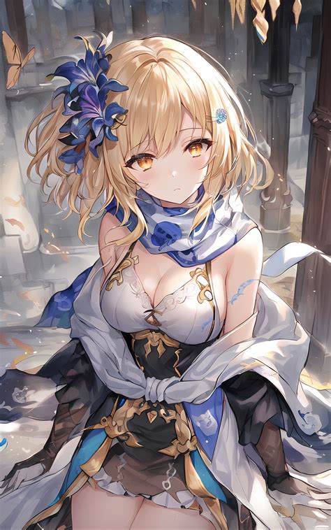 Blonde Cleavage Anime Anime Girls Ai Art Yellow Eyes Flower In