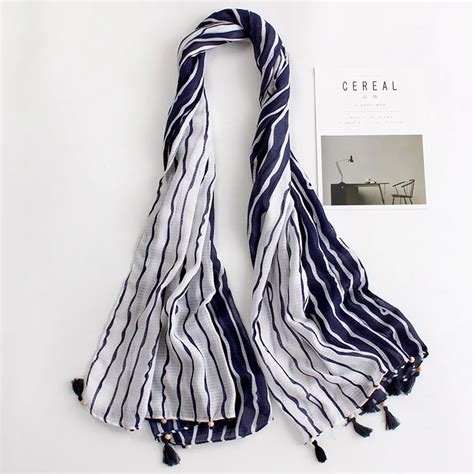 New Blue And White Stripes Long Fringed Cotton Scarf Shawl Seasons