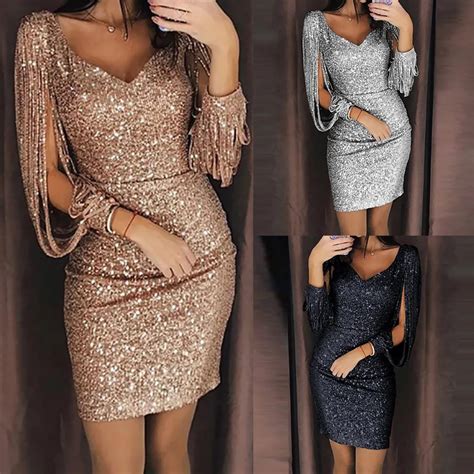 2019 Nouvelle Mode Sexy Femmes Col En V Solide Sequin Paillettes