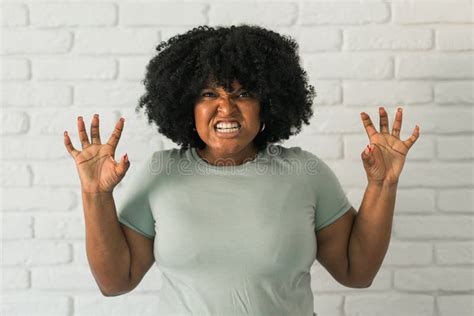 Angry African American Woman Screaming On Brick Background Bad