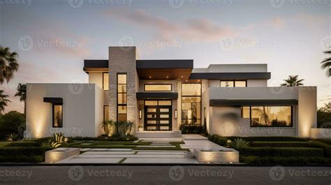 Exterior Of Modern Luxury House With Garden And Beautiful Sky