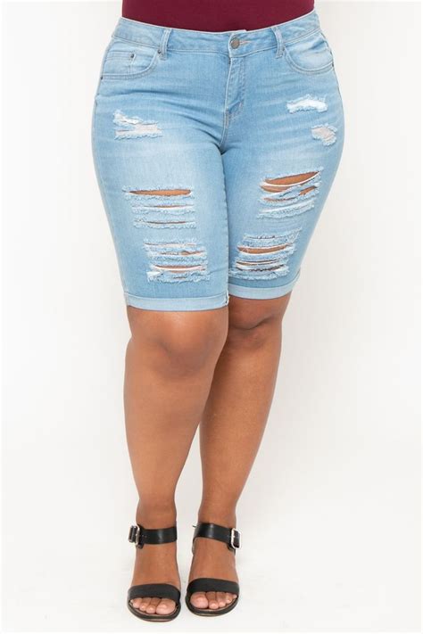 Plus Size Destroyed Bermuda Denim Shorts Light Wash 1X 14 Light