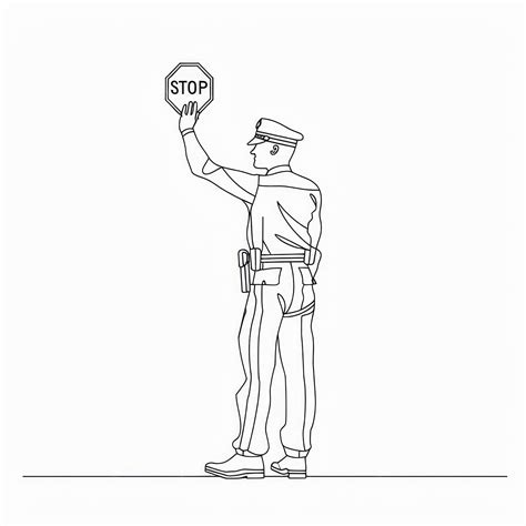 One line drawing of police officer lifting traffic signs over crowds of