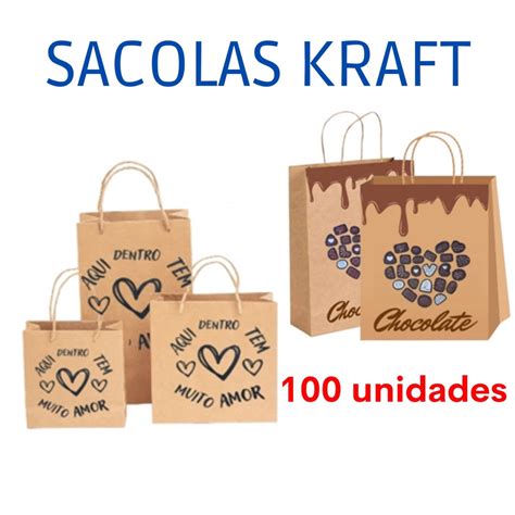 KIT Sacola Kraft P M G 100 Unidades Personalizada Sacola De Papel