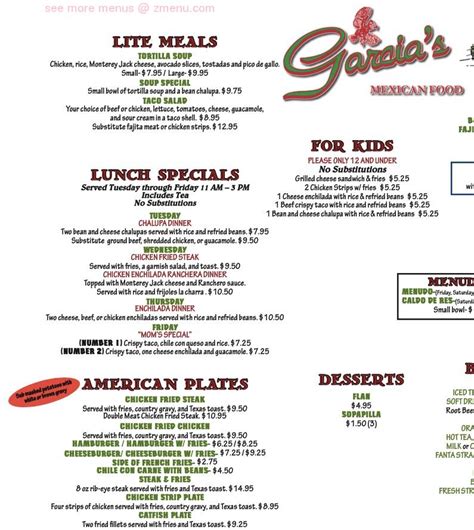 Menu at Garcia's Mexican Restaurant, Seguin, I-10 Frontage Rd