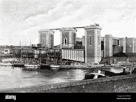 Hydraulic boat lift in Fontinettes, Arques, Pas-de-Calais. France. Old illustration by Louis ...