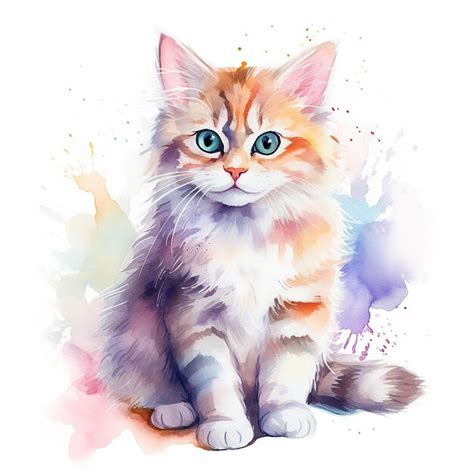 Premium Ai Image Enchanting White Background Cat Watercolor Pose