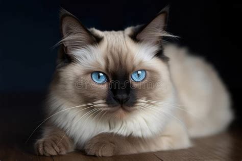 Cute Colourpoint Persian Cat Is Sitting Isolated On Dark Background