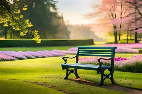 Premium Photo A Park Bench With Pink Flowers In The Background