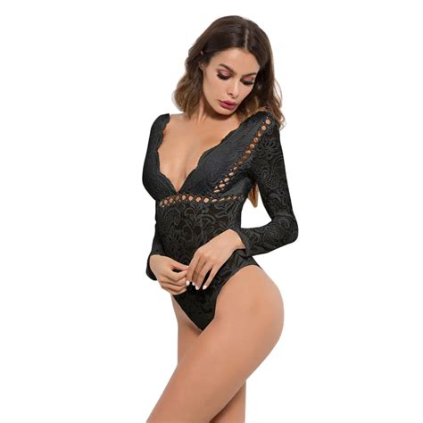 Fashion Black Deep V Neck Lace Long Sleeve Bodysuit Buy Long Sleeve