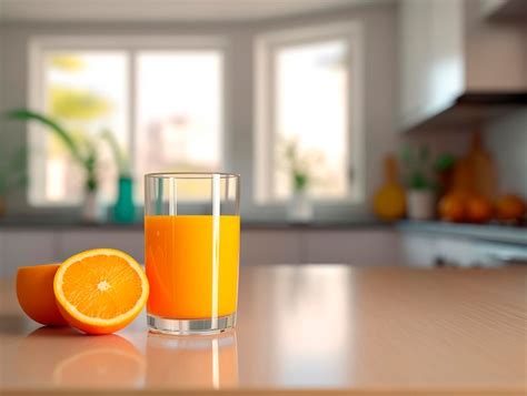 Premium Ai Image Glass Of Fresh Orange Juice On Table In Kitchen