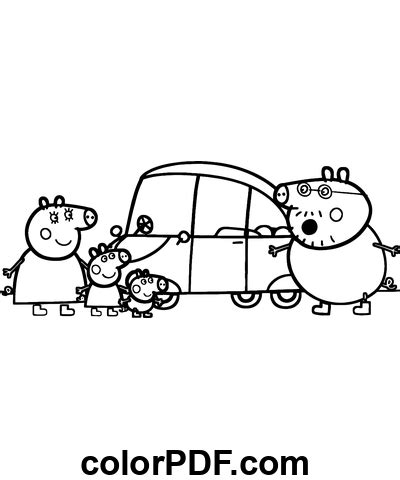 Peppa With Family Near The Car – Coloring Pages and Books in PDF