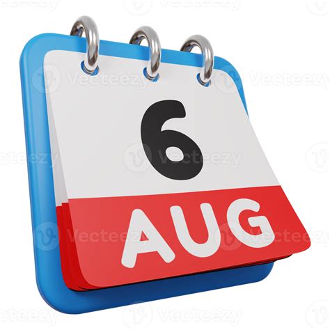 6 august day calendar 3d render right view 9638311 PNG