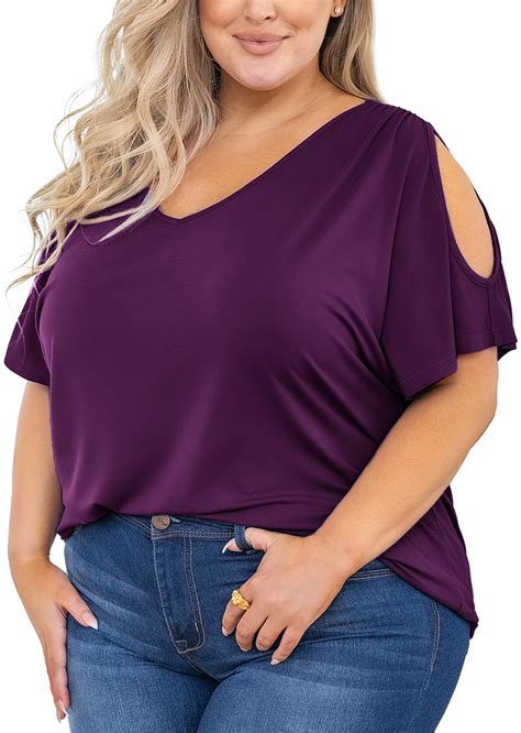 JuneFish Women's Plus Size Cold Shoulder Tunic Top Summer Short Sleeve