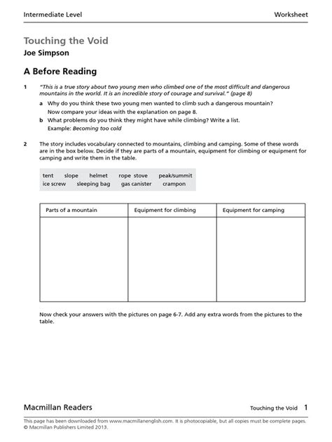 Touching The Void Worksheet Pdf