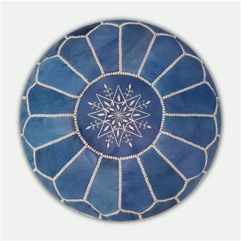 Round Moroccan Leather Pouf Blue Handcrafted Footstool