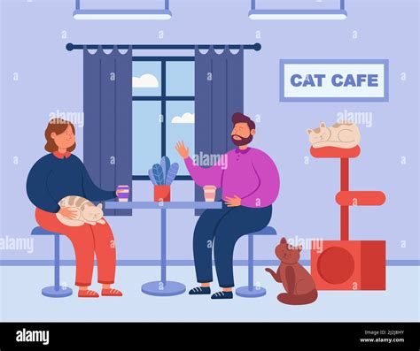 Joven Pareja De Dibujos Animados Sentada En El Café Gato Y Bebiendo