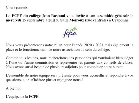 Assembl E G N Rale De La Fcpe Coll Ge Jean Rostand Craponne