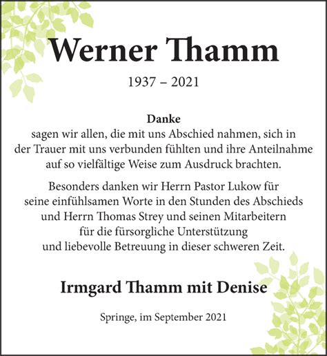 Traueranzeigen Von Werner Thamm Trauerportal Ihrer Tageszeitung