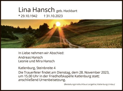 Traueranzeigen Von Lina Hansch Trauer Hna De