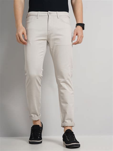 Celio Men Beige Solid Slim Fit Dobby Cotton Pants Casual Trousers