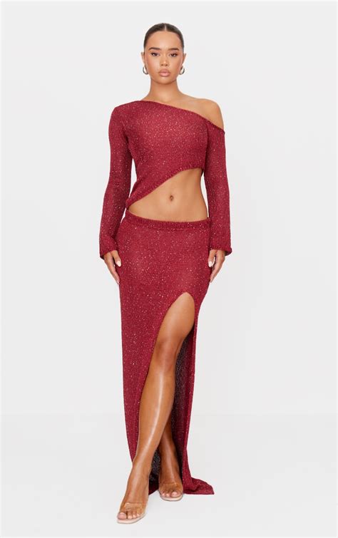 Wine Sequin Knit Side Split Maxi Skirt Knitwear Prettylittlething Usa