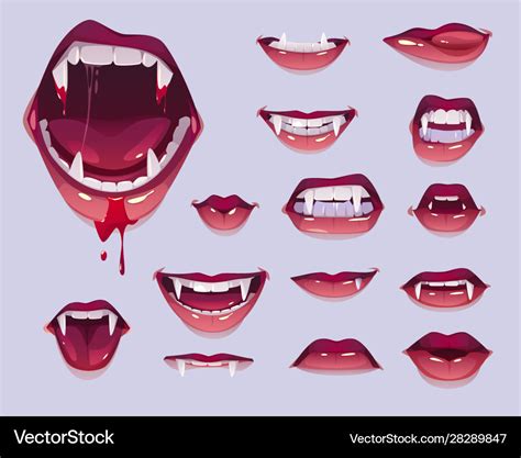 Vampire Mouth With Fangs Set Female Red Lips Vector Image