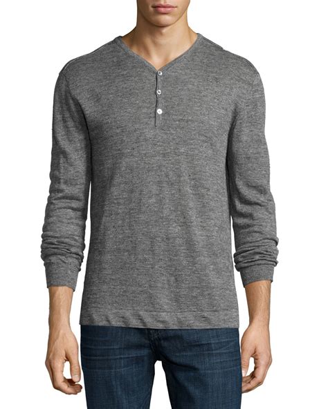 John Varvatos Long Sleeve Linen Henley Shirt In Gray For Men Lyst