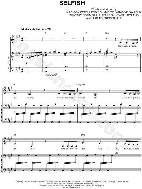 Madison Beer Selfish Sheet Music In A Major Transposable Download