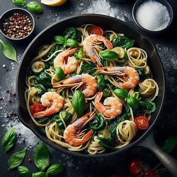 Italian Pasta With Greens And Shrimps In A Pan Background Italian