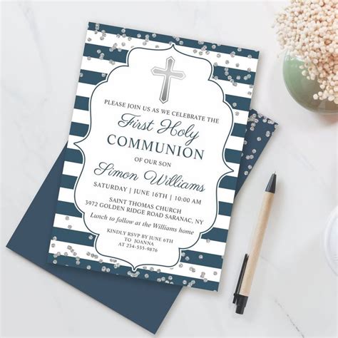 Silver Glitter Navy Blue Stripes First Communion Invitation