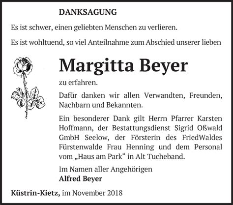 Traueranzeigen Von Margitta Beyer M Rkische Onlinezeitung Trauerportal