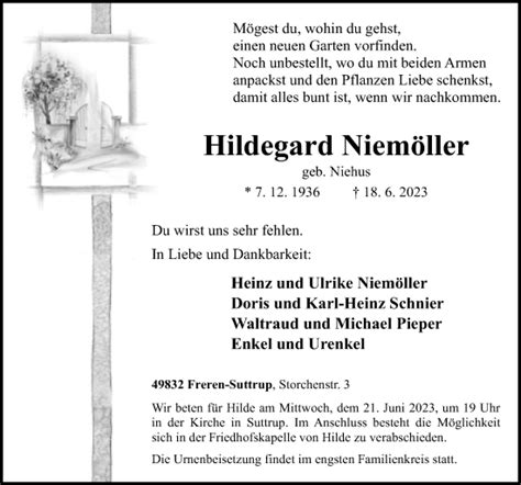 Traueranzeigen Von Hildegard Niem Ller Noz Trauerportal