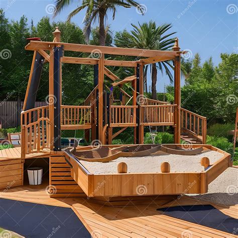 A Pirate-themed Outdoor Play Area with a Wooden Ship Play Structure, a ...