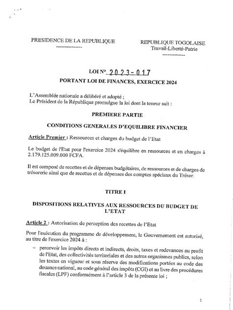 Loi N° 2023 017 Portant Loi De Finances Exercice 2024 Pdf