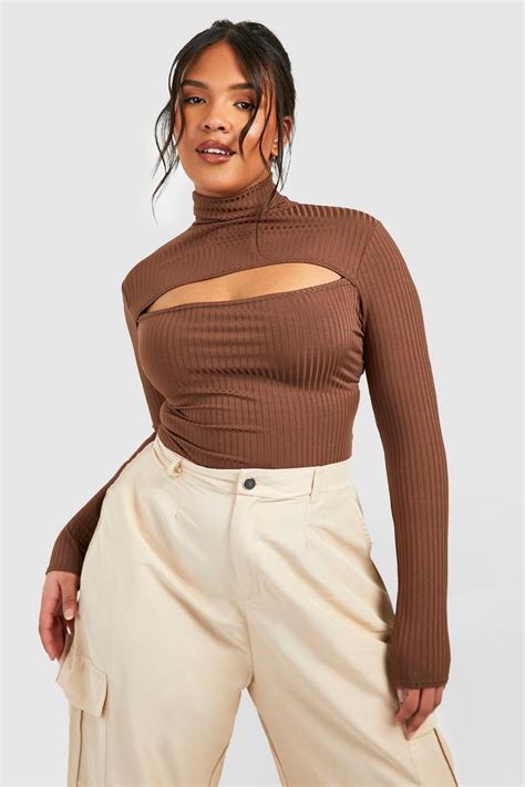 Brown Plus Rib Roll Neck Bodysuit Boohoo Uk