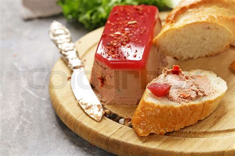 gourmet pate de foie gras with a baguette for an appetizer | Stock ...