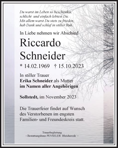 Traueranzeigen Von Riccardo Schneider Trauer In Thueringen De