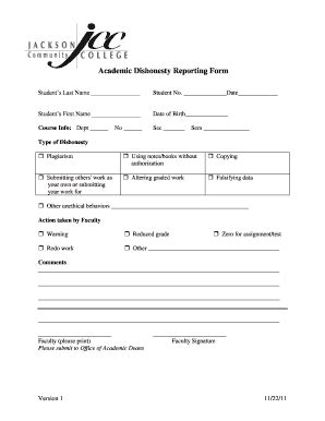 Fillable Online Jccmi Academic Dishonesty Reporting Form Jackson