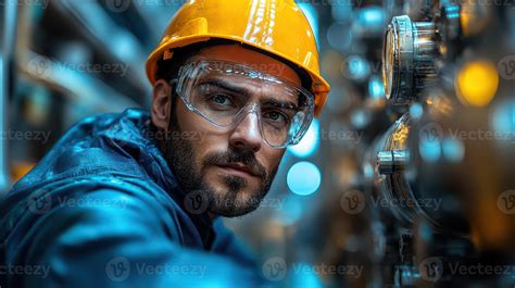 A man wearing safety glasses and a hard hat 59996226 Stock Photo at