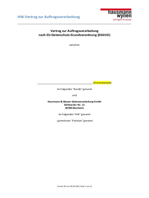 Ausfüllbar Online HW Vertrag zur Auftragsverarbeitung Fax Email Drucken