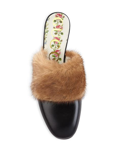 Gucci Leather Slide With Mink Fur In Black Lyst